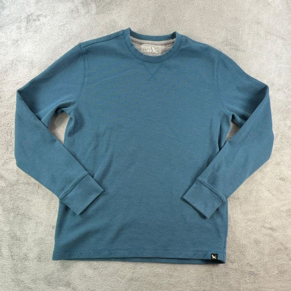 Eddie Bauer Men's M Long Sleeve Thermal Shirt Blue Waffle Knit Crew Neck Cotton